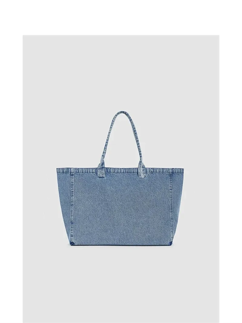 sac fourre-tout en toile denim pour femme, grande capacité, sac de shopping, sac à main décontracté artistique avec lettres, style américain, doublure en polyester souple