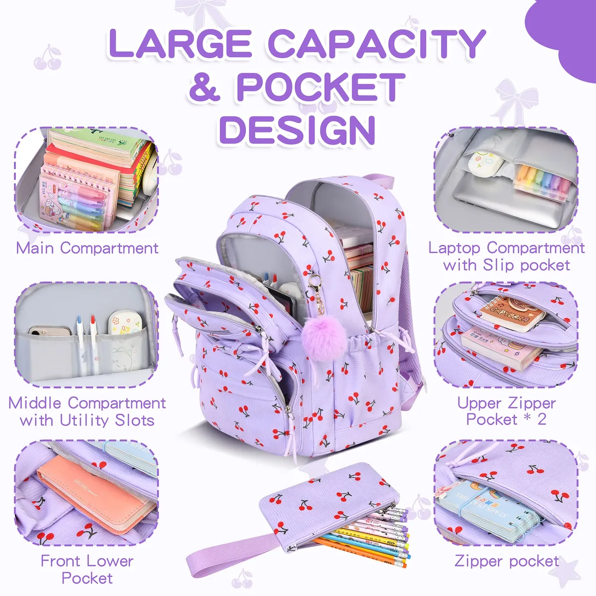 ensemble de 3 pièces : sac à dos scolaire pour filles motif cerise, sac à dos en velours côtelé pour écolière, sac à livres pour enfants, sac à déjeuner et trousse à crayons.