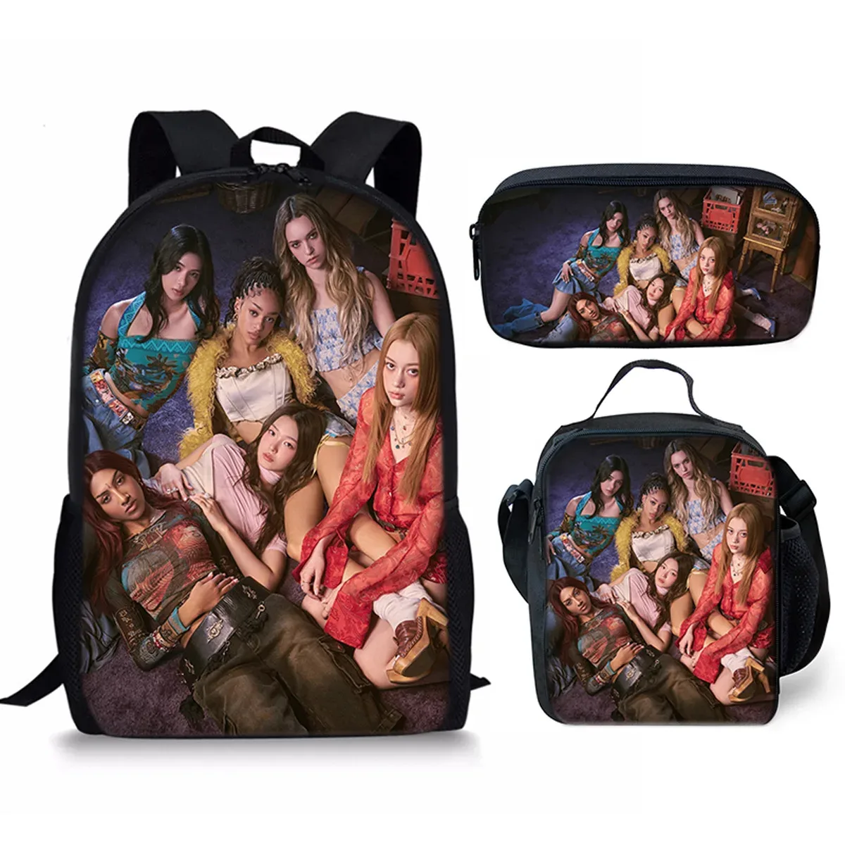 sac à dos scolaire classique populaire kpop katseye imprimé 3d, ensemble de 3 pièces, sac à dos pour ordinateur portable, sac à déjeuner, trousse à crayons