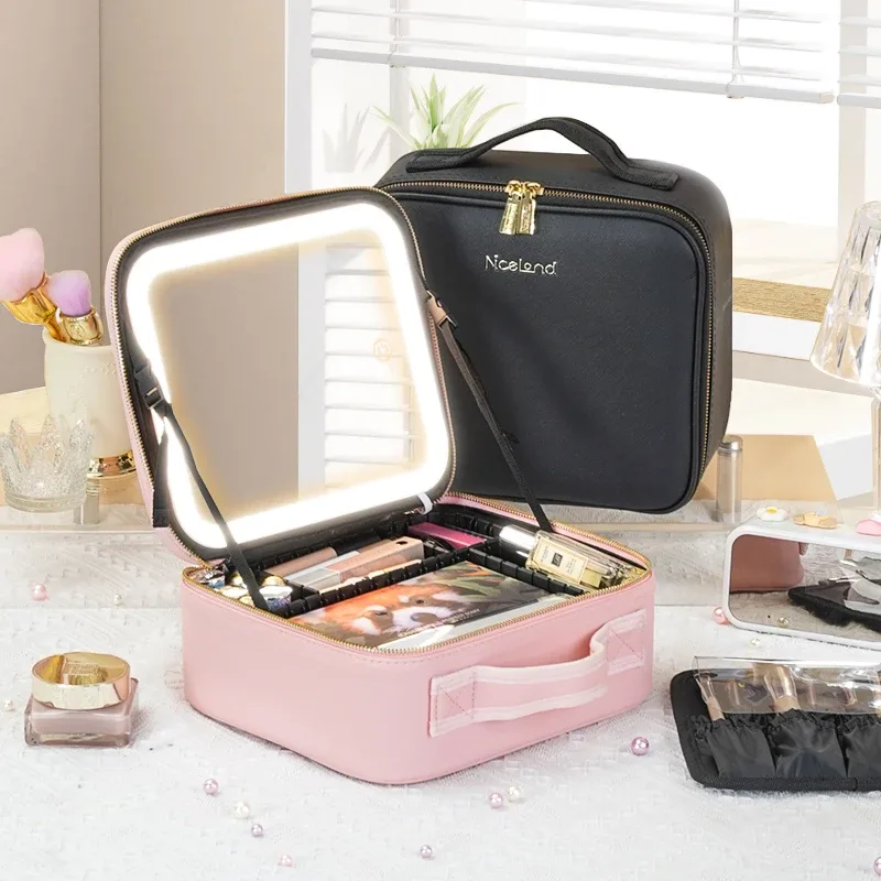 miroir de mallette de train 3 couleurs, trousse de maquillage portable blanche, organisateur étanche avec séparateurs réglables, mallette de rangement de cosmétiques, cadeau