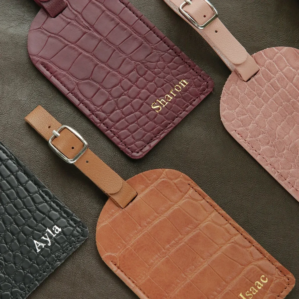 étiquette de bagage personnalisée avec nom en estampe à chaud pour valises, monogramme doré, étiquettes de bagage en simili cuir de crocodile avec carte de nom confidentielle