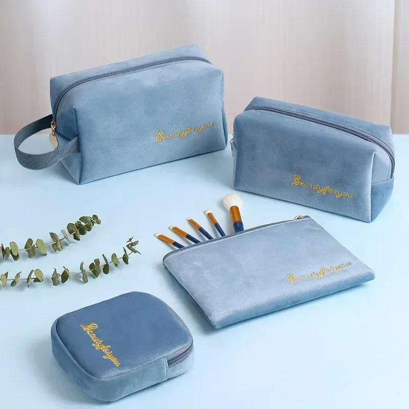 sac à cosmétiques en velours à fermeture éclair pour femme, grande trousse de maquillage de voyage, solide, pour documents, rouge à lèvres, rangement féminin