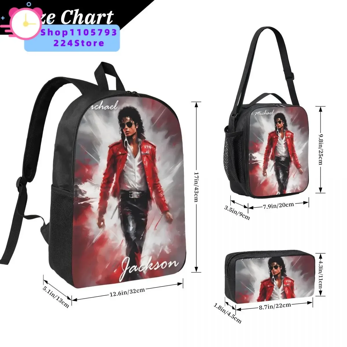 sac à dos michael jackson 3 pièces/ensemble pour étudiant, sac à dos de lycée, sac à lunch, trousse à crayons, ensemble de trois pièces imprimées.