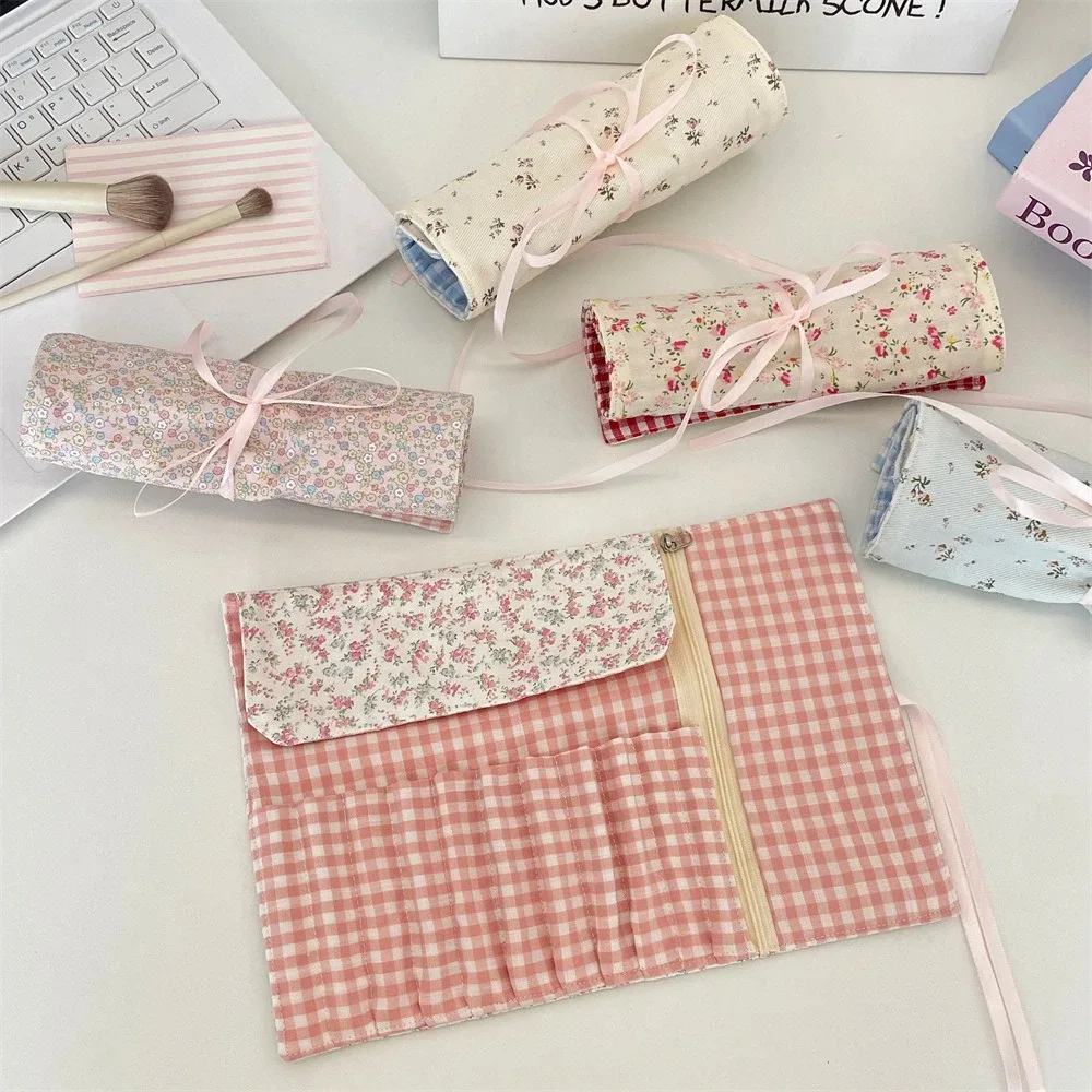 Sacs de rangement de cosmétiques en tissu à motifs floraux, étui pour pinceaux de maquillage de grande capacité, sac pour femmes, porte-brosse de voyage, boîte à stylos