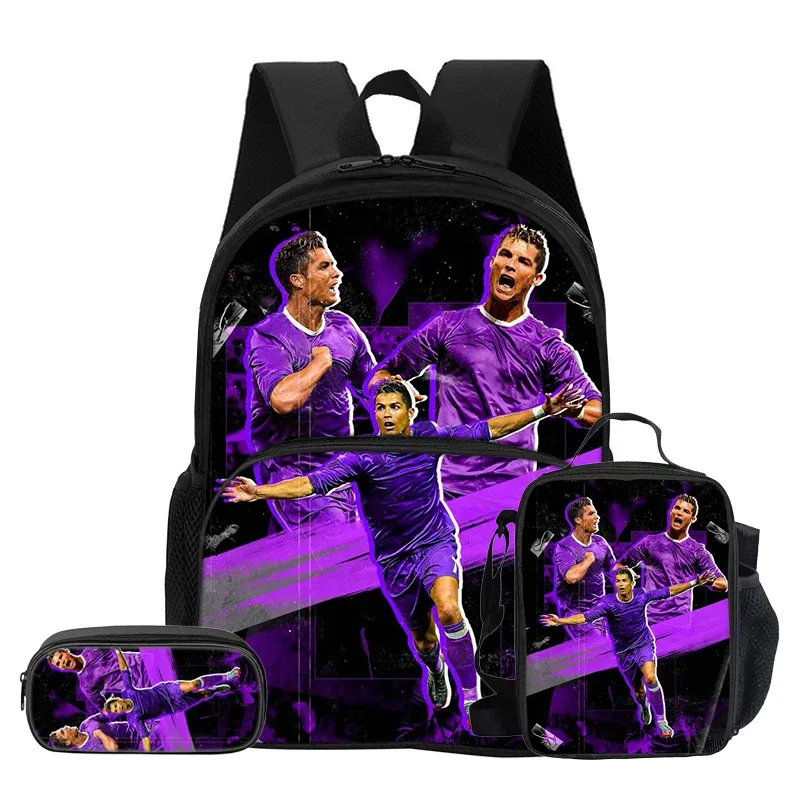 ensemble de 3 pièces avec sac à dos à poche avant ronaldo, sac isotherme pour le déjeuner, trousse à crayons cr, sac à dos de star du football