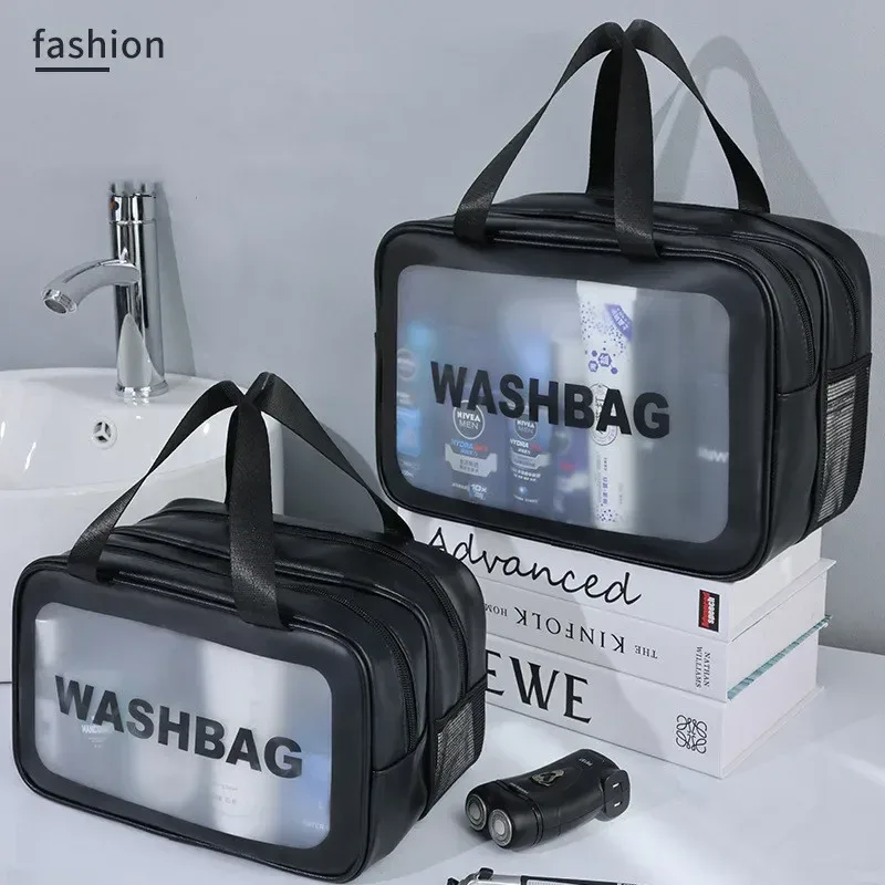 sac de maquillage en pu double transparent, séparation sèche-humide, sac de lavage portable, sac de rangement de cosmétiques, voyage fitness, essentiels de natation