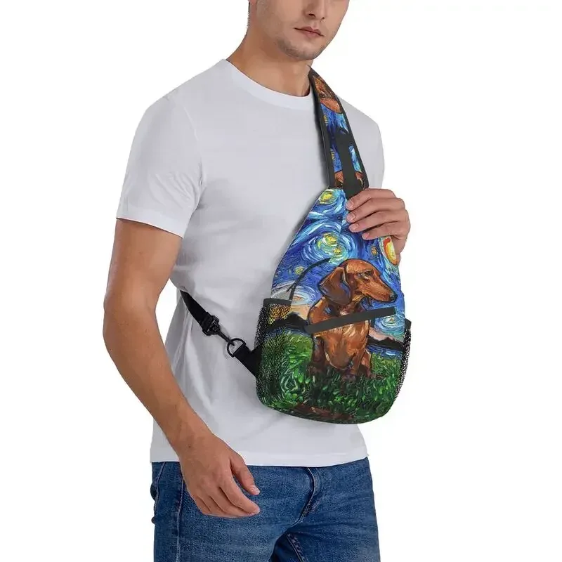 sac à bandoulière teckel nuit étoilée pour cyclisme camping hommes blaireau saucisse wiener chien bandoulière poitrine sac à dos épaule sac à dos