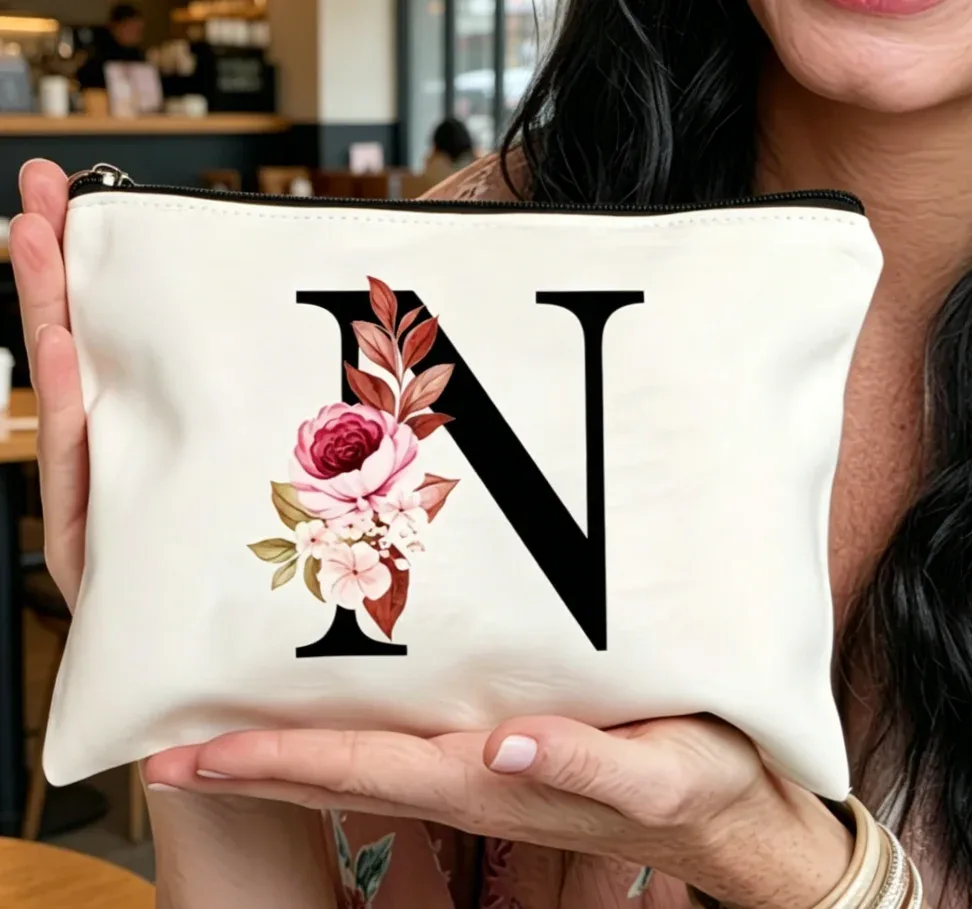 sac à fermeture éclair élégant avec motif de lettres et de fleurs, trousse de maquillage polyvalente, trousse à cosmétiques légère pour femmes a-z, 1 pièce