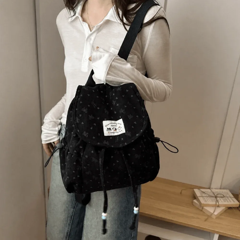 sac à dos élégant et léger en velours côtelé à imprimé nœud, grande capacité, avec cordon de serrage, polyvalent, design simple, pour femme