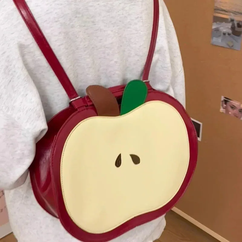 apple sacs à dos itabag pu rouge y2k kawaii polyvalent poire sac à bandoulière haute capacité étudiant contraste fermeture éclair retour à l'école sac