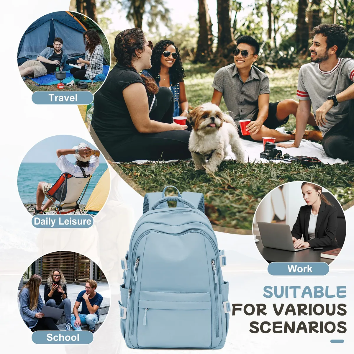 sac à dos de voyage décontracté antivol pour femme, design multi-poches en bleu clair durable pour l'école, le lycée et l'université