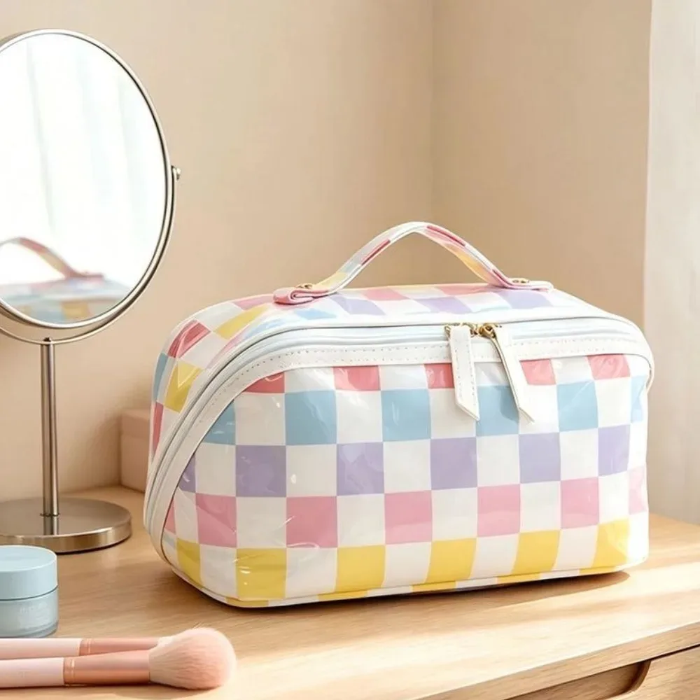 sac de maquillage imperméable en pvc, double fermeture éclair, sac de rangement cosmétique à rayures en damier, sac de toilette de voyage grande capacité