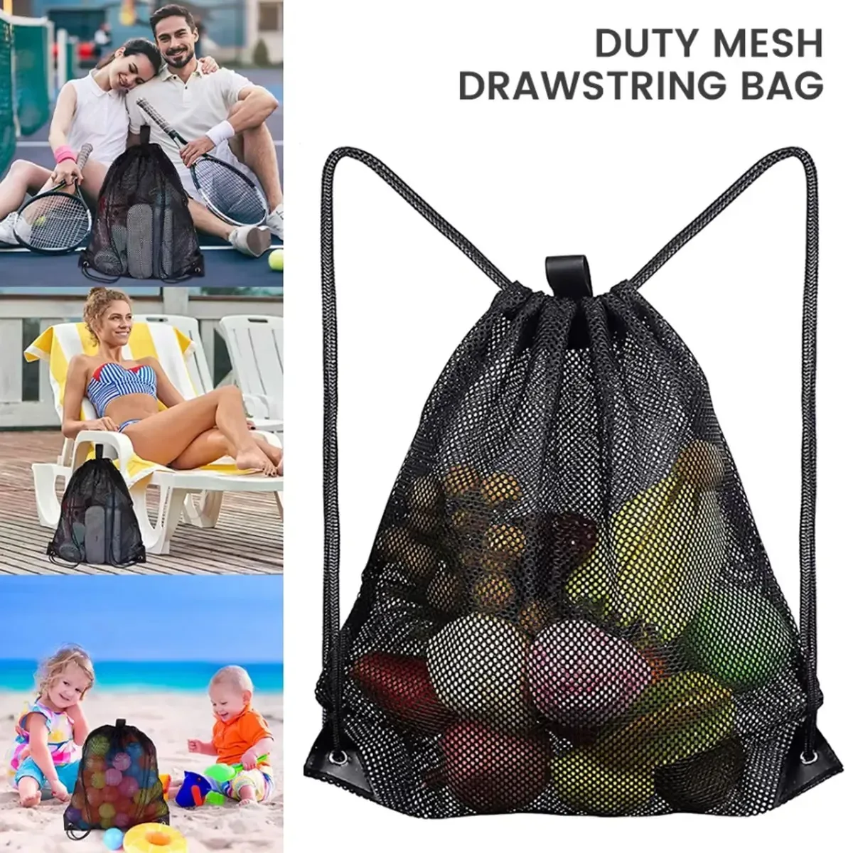 sac à cordon en maille noire avec coins renforcés, sac à dos léger en maille pour la plage, les courses, les jouets, la gym, les voyages et le rangement