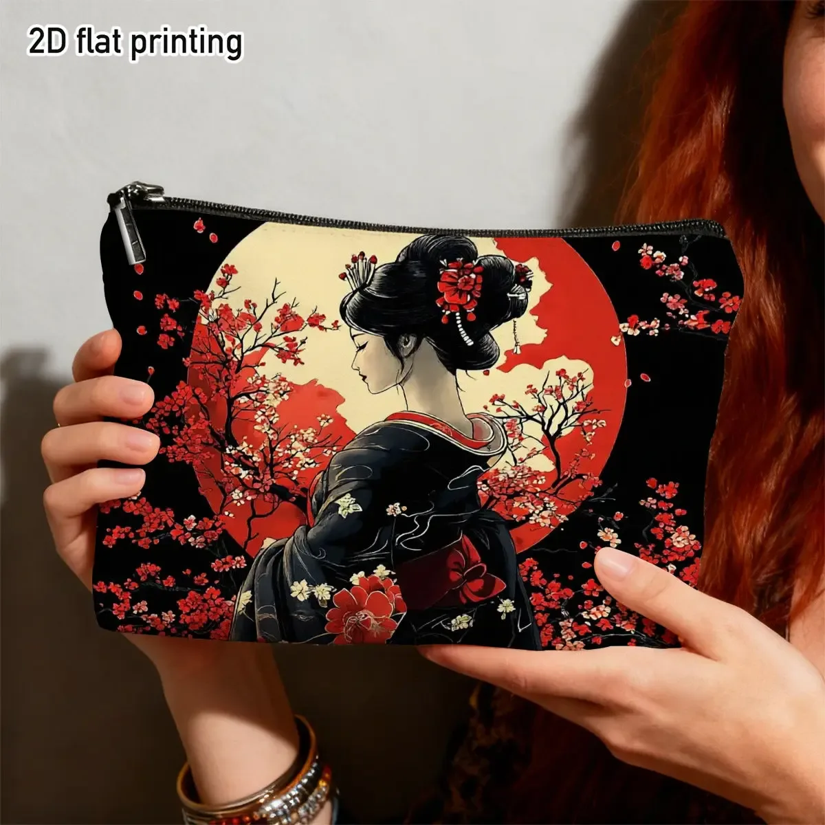 1 pièce trousse de maquillage style japonais geisha motif fleurs de cerisier, élégante, imprimé floral lune rouge, pour voyage, articles de toilette, rangement quotidien de produits de beauté, cadeau