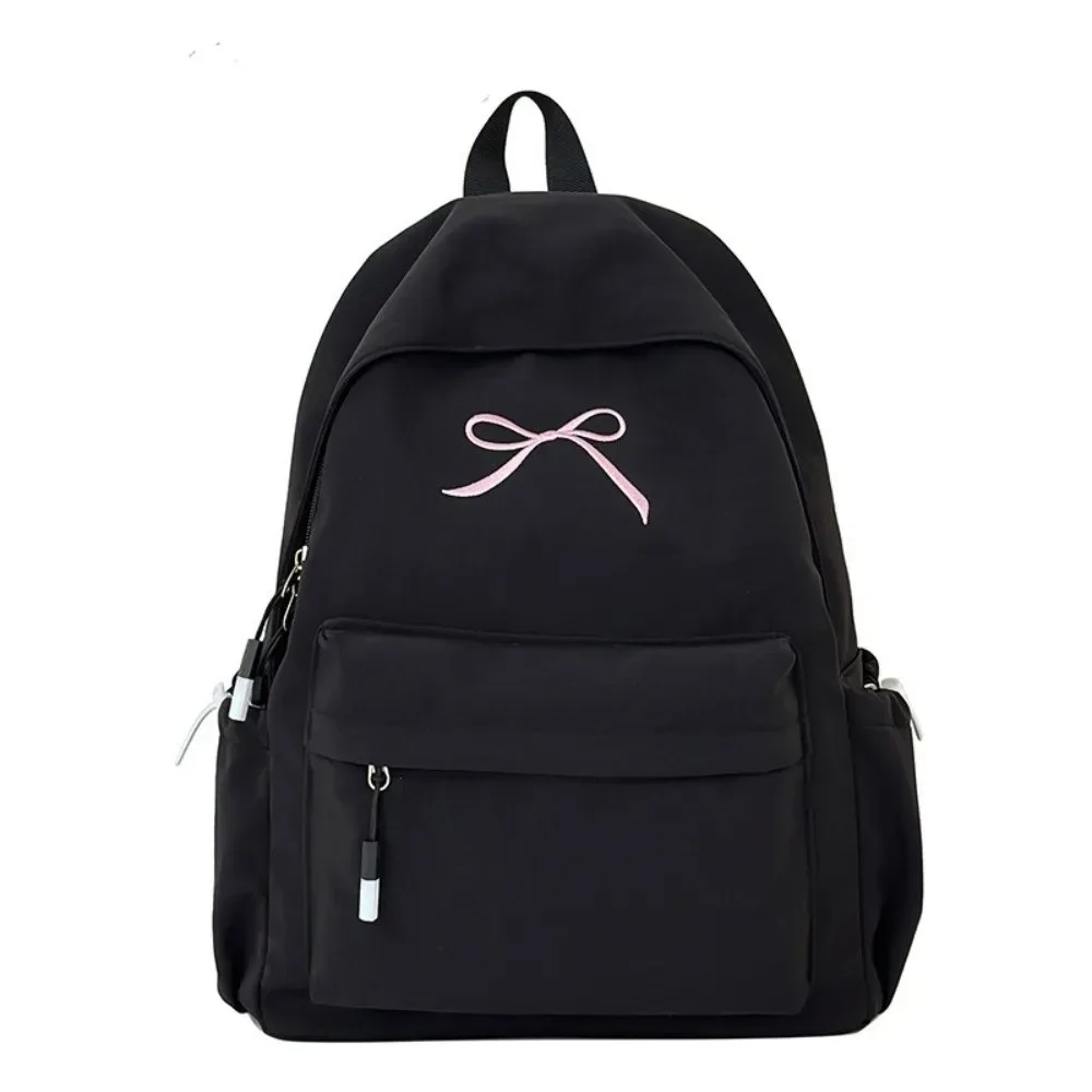 sac à dos portable avec nœud brodé pour filles, cartable en nylon de grande capacité pour étudiants, sac à dos de voyage léger de couleur unie