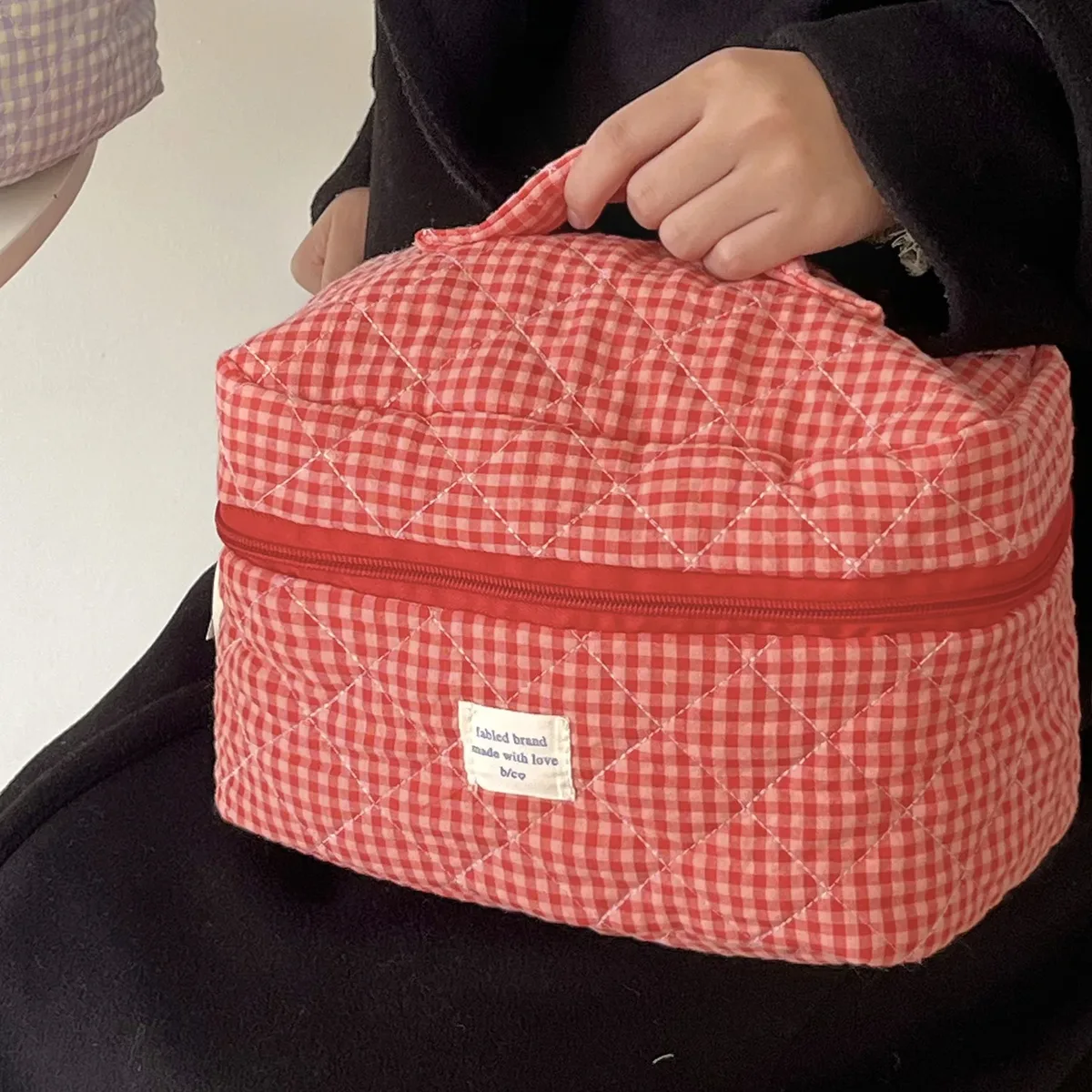 trousse de maquillage à carreaux, sac à cosmétiques portable de grande capacité pour femmes et filles, trousse de toilette de soins de la peau, pochette portefeuille multifonctionnelle mignonne