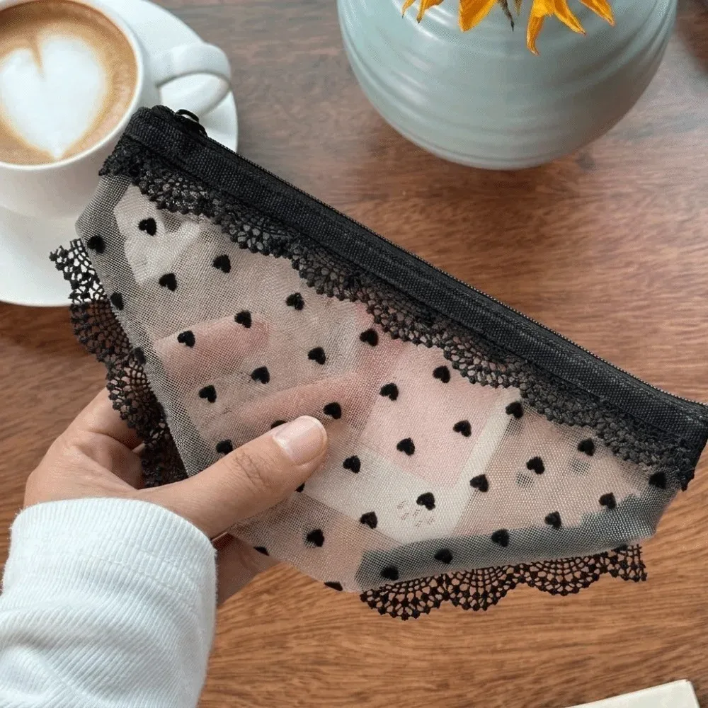 nouvelle trousse de toilette transparente y2k en maille dentelle motif cœur, pochette de rangement cosmétique pour voyage