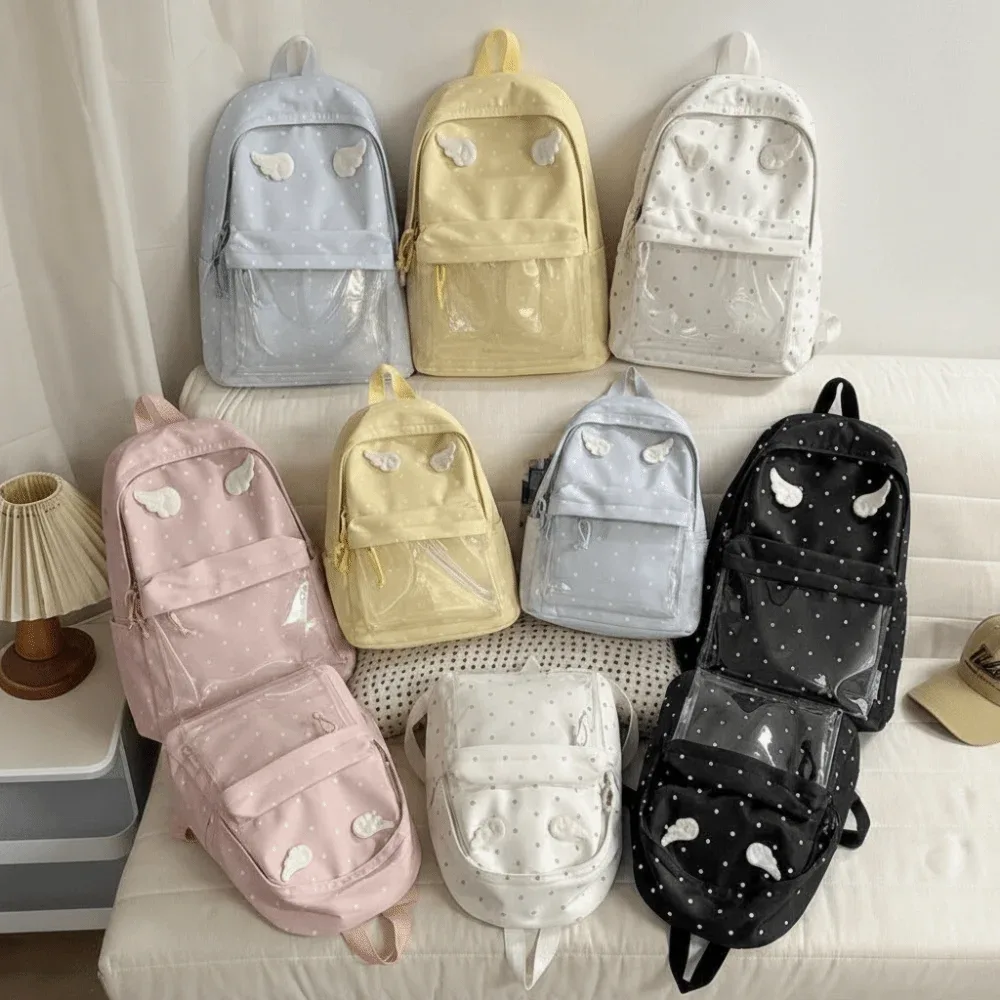 Sac à dos à pois 2 tailles, grande capacité, avec poche transparente, pour l'école, motif à pois, sac à dos à poche transparente