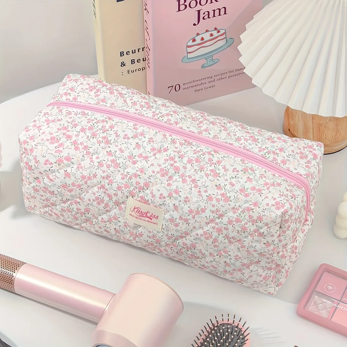 sac de rangement de beauté de voyage de grande capacité de style coréen, mignon, à motifs floraux, pour sèche-cheveux et fer à friser, avec rangement pour le maquillage