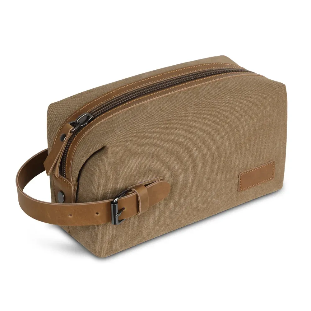trousse de maquillage rétro de grande capacité, toile portable avec coutures en cuir de cheval fou pour hommes et femmes