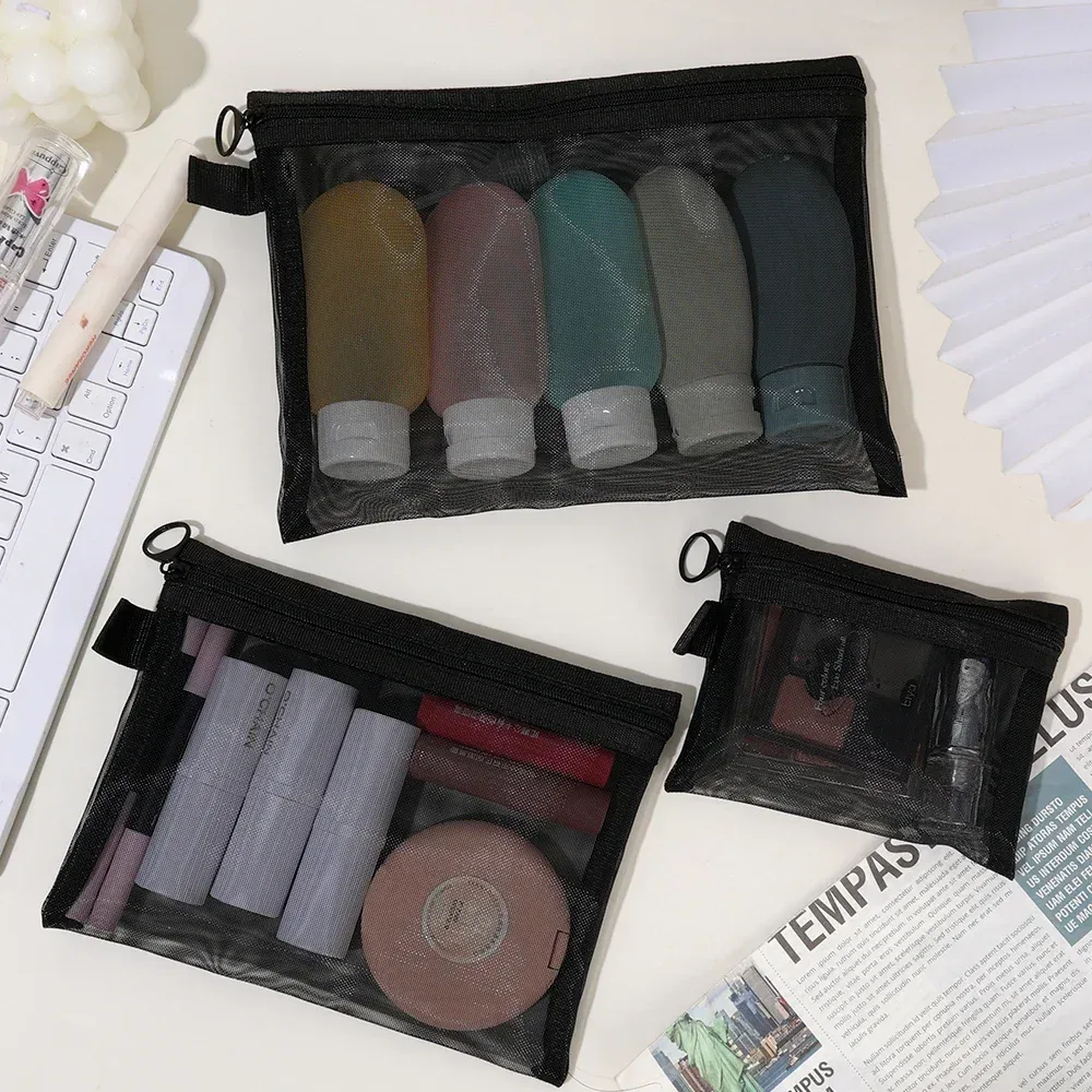 sacs à cosmétiques transparents en maille, petit grand sac de maquillage noir, étui de rangement de toilette de voyage portable, pochette de rangement de rouge à lèvres 1/3 pièces