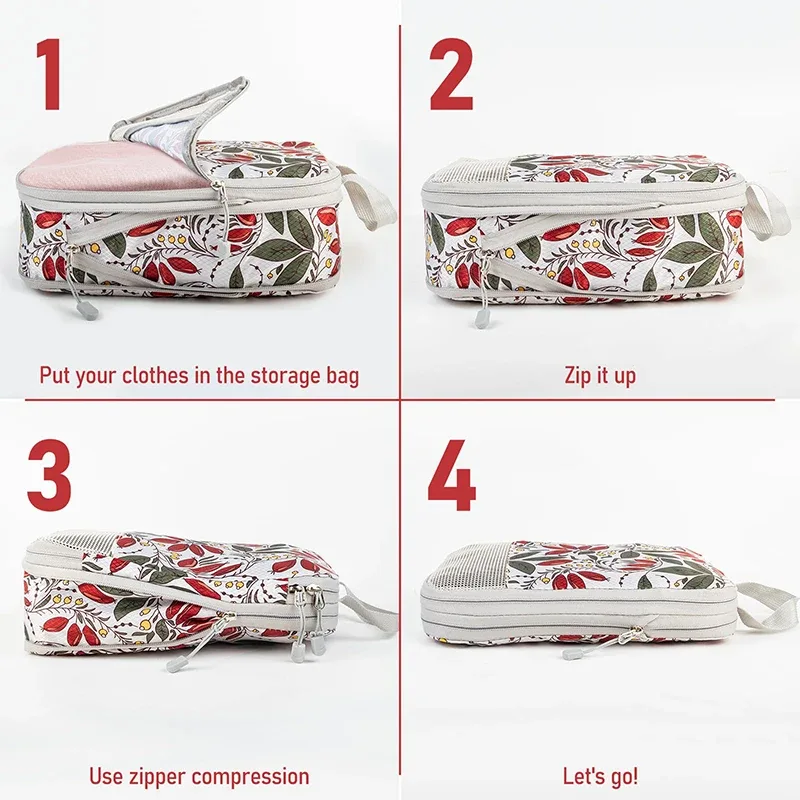 cubes d'emballage à compression de voyage, ensemble de 4 sacs d'emballage de bagages, sac de rangement compressible et extensible, accessoires de voyage essentiels