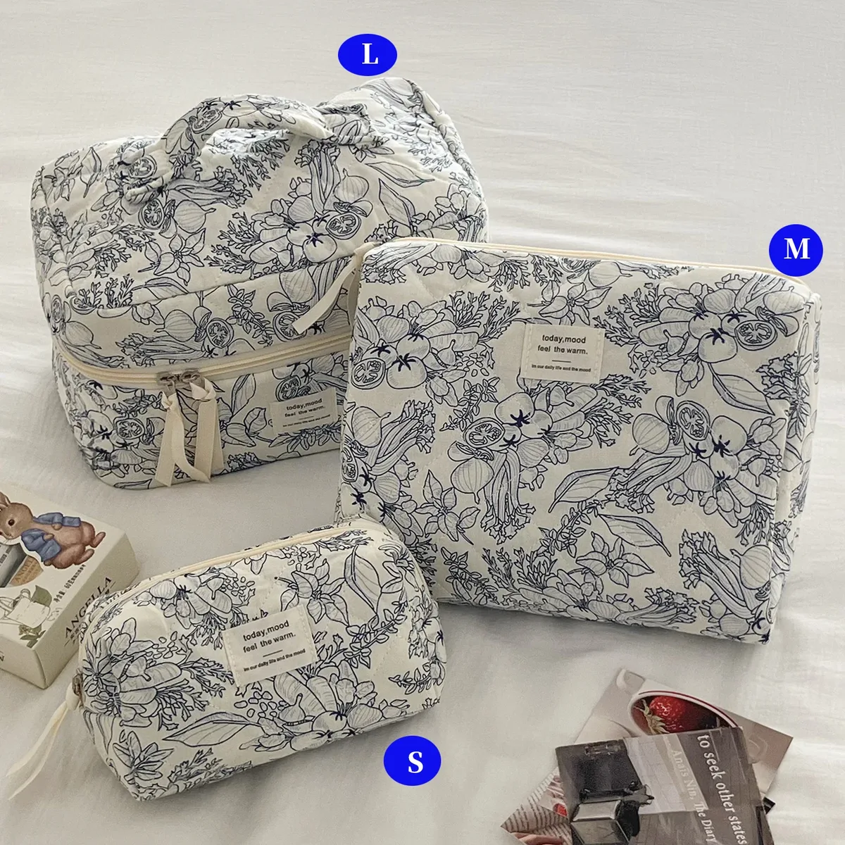 ensemble de trousses de toilette matelassées à fleurs style yt ins, en coton, pour organiser les cosmétiques, sacs de voyage pour articles de toilette, comme cadeau pour filles