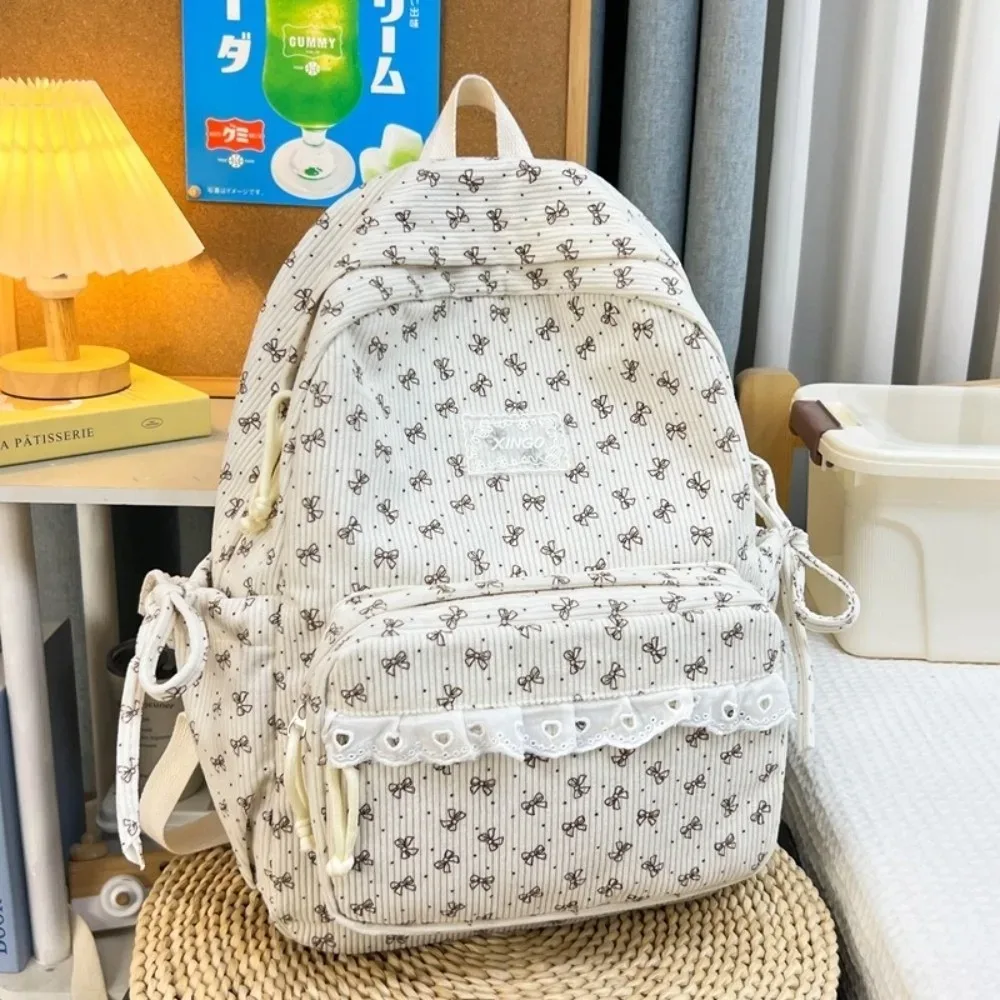 sac à dos en velours côtelé de style coréen, style preppy, grande capacité, sac à dos pour étudiants, bordure en dentelle, nœud papillon, motif à pois