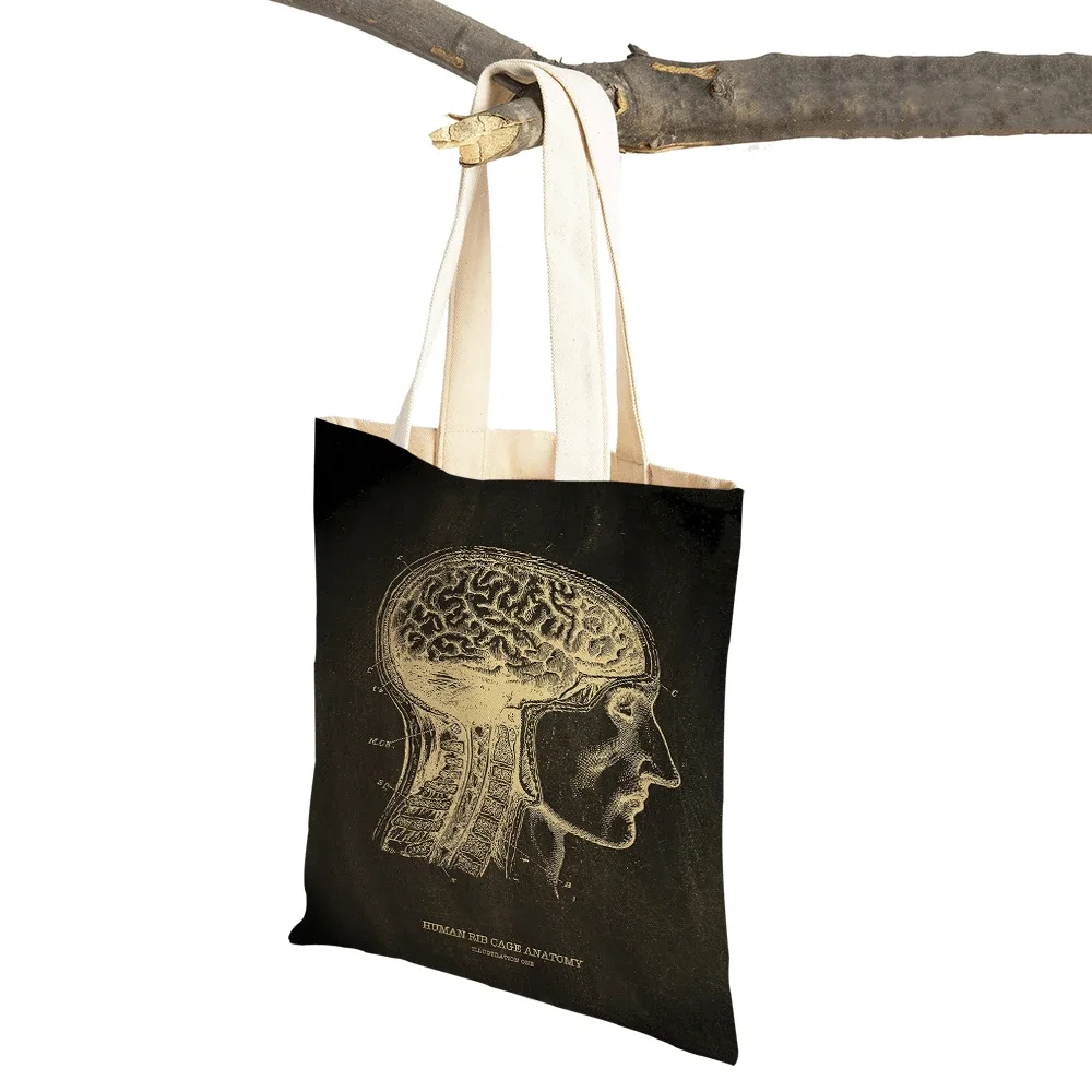 vintage squelette anatomique tableau crâne shopper sac fourre-tout dame sac à main décontracté toile coeur double impression femmes sacs à provisions
