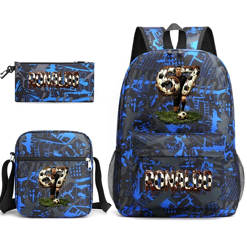 ensemble de sac à dos d'école imprimé cr7 ronaldo 67 avec sac à bandoulière et trousse à crayons pour adolescents et enfants, sac à dos léger