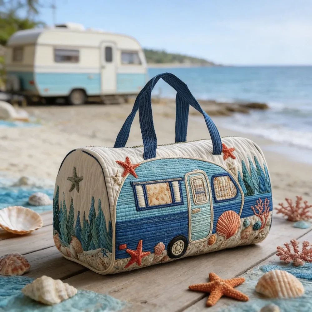 sac de voyage matelassé imprimé en 3d, design camping-car, avec coquillages et étoiles de mer, léger, sac de week-end, sac de voyage, sac de transport