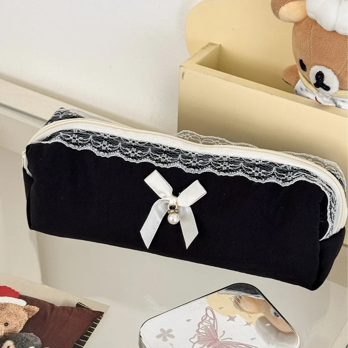 trousse de rangement noire en dentelle pour voyage, cosmétiques, rouges à lèvres, papeterie, sacs à main de maquillage pour femmes, pochette organisatrice, trousse à crayons