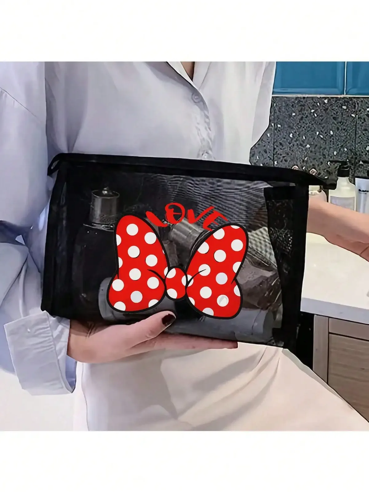 sac à cosmétiques de voyage en maille avec nœud noir, 1 pièce, trousse de maquillage à fermeture éclair pour femmes, trousse de toilette de lavage, organisateur de maquillage, pochette de rangement portable