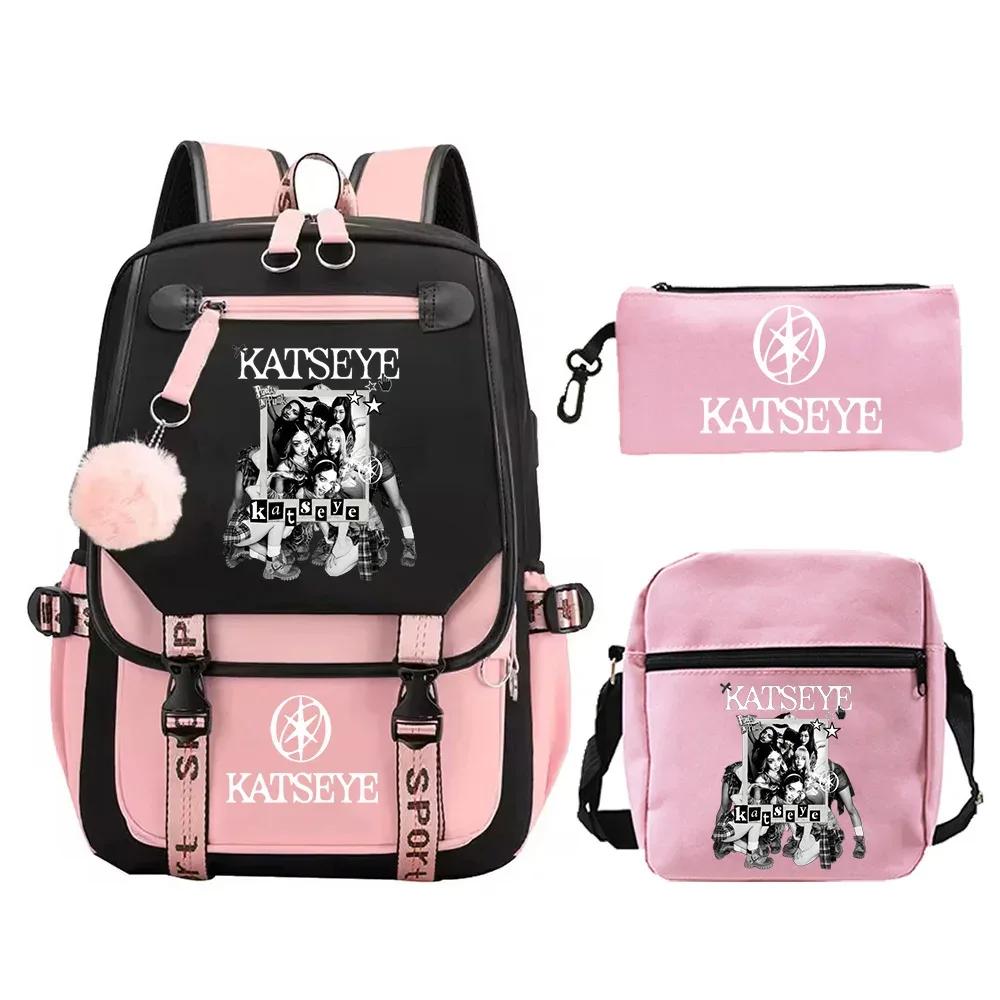 nouveau sac à dos imprimé katseye, 3 pièces/ensemble, sacs d'école pour filles, sac à dos de voyage pour adolescentes, sac à dos de haute qualité, sac à bandoulière, trousse à crayons