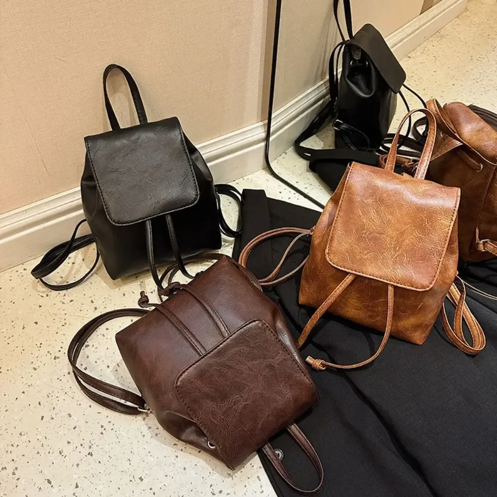 sac à dos rétro marron solide en pu pour enfants, mini sac à dos solide, petit paquet, sac à main pour documents initiés