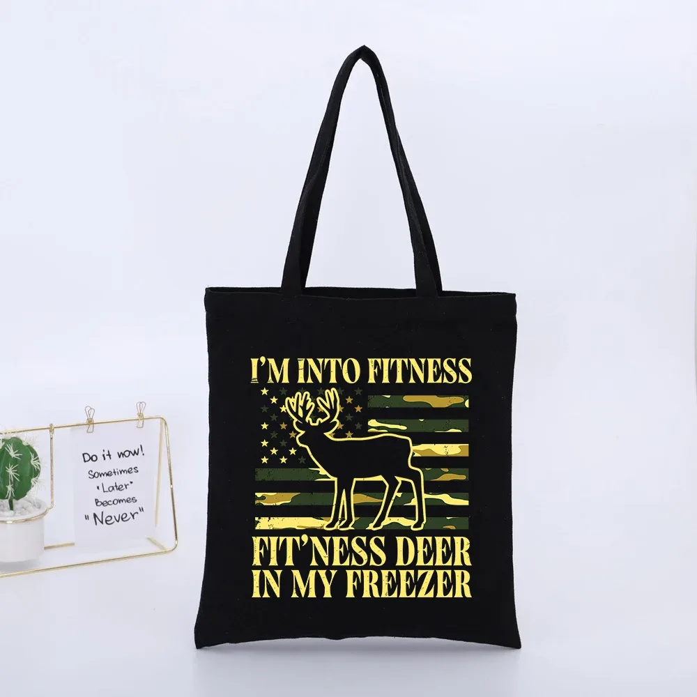 sac fourre-tout en toile avec motif cerf et imprimé drapeau américain camouflage, style décontracté pour les courses quotidiennes