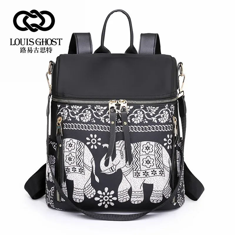 style rétro personnalité éléphant imprimé oxford tissu sac à dos femmes décontracté multi-fonctionnel sac style ethnique étudiant sacs cadeau