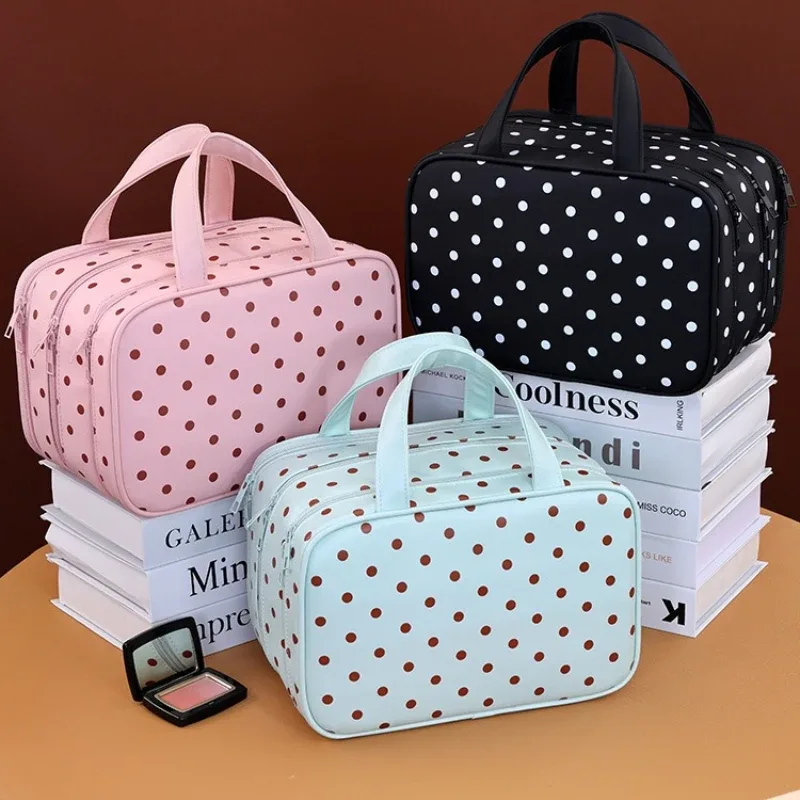 trousse de maquillage grande capacité à pois, sac de voyage portable pour cosmétiques, trousse de toilette étanche à main pour femmes
