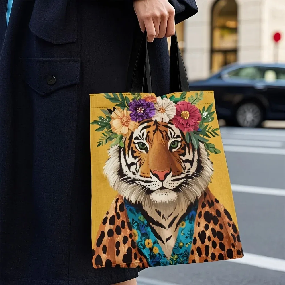 sac fourre-tout élégant à imprimé tigre et léopard avec motif couronne florale vibrante, idéal pour le shopping, les trajets quotidiens et les cadeaux de fêtes