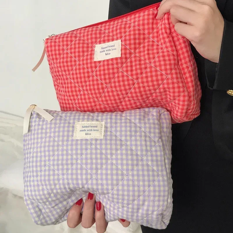 Trousse de maquillage en coton de grande capacité pour femmes, sac de rangement pour brosses à carreaux, trousse de toilette de voyage douce et mignonne, organisateur doux décontracté pour dames