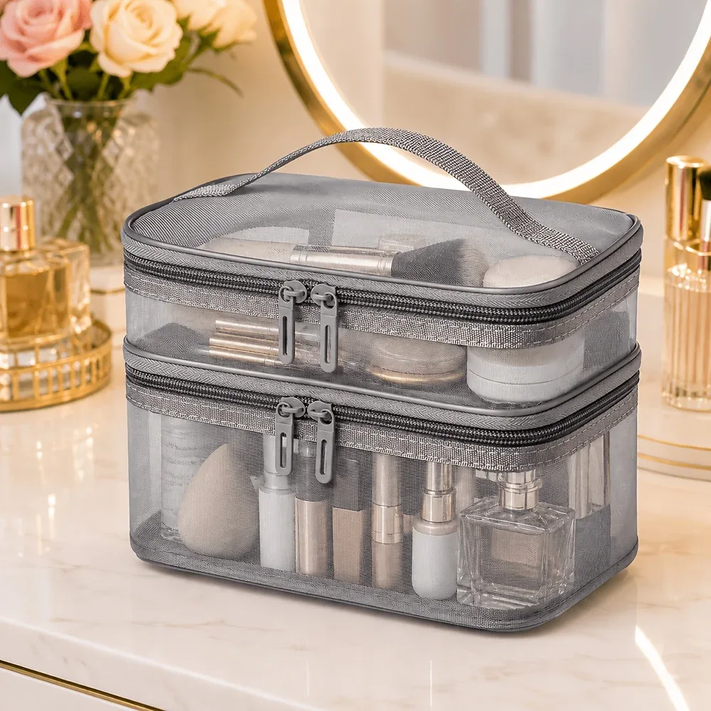 sac de rangement pour articles de toilette transparent à double couche et grande capacité, organisateur de cosmétiques portable avec compartiments