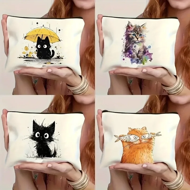 trousse de maquillage sur le thème du chat, pochette à cosmétiques avec fermeture éclair, motif de chat mignon, organisateur de toilette de voyage, cadeau pour les amoureux des chats