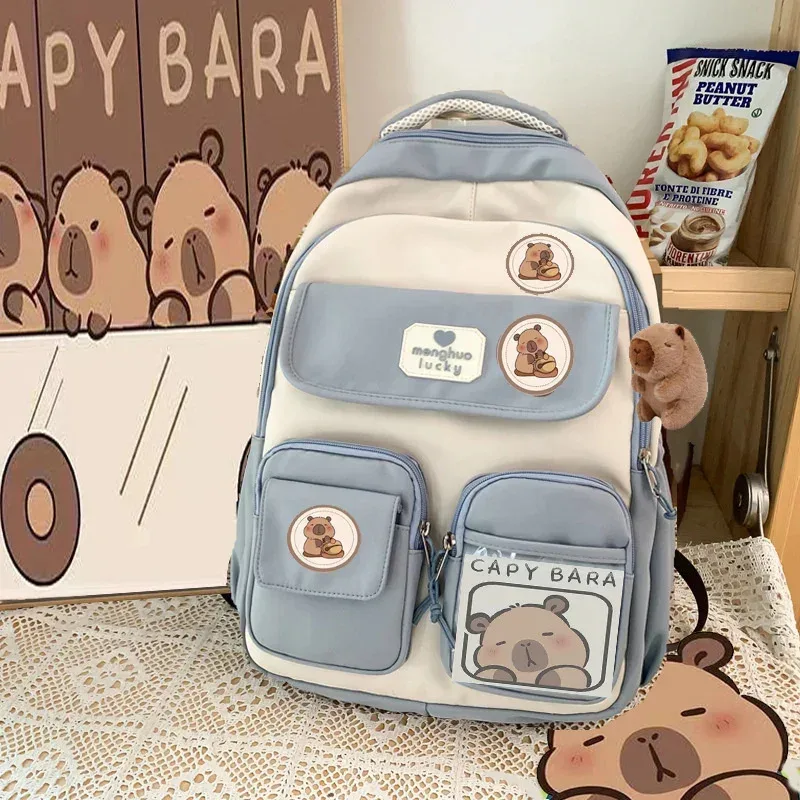 dessin animé capybara école sac à dos étudiant pochette d'ordinateur tissu imperméable sangle réglable sac de voyage décontracté avec plusieurs poches