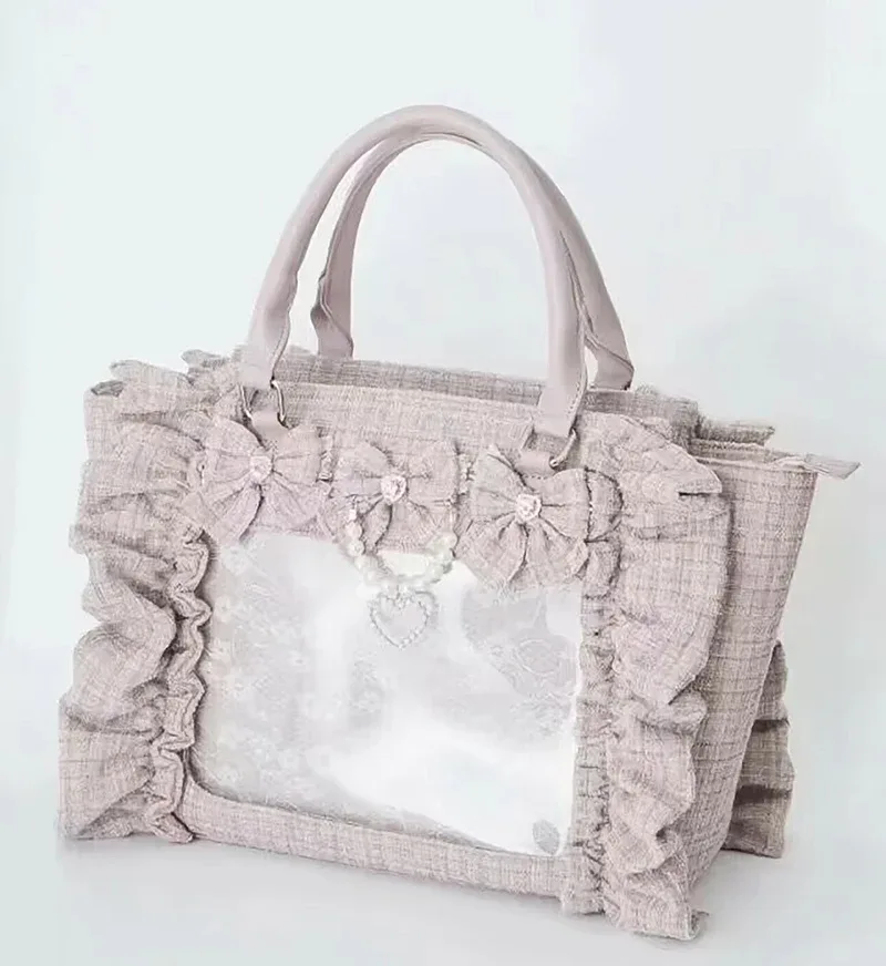 sac à main en dentelle à volants pour femmes et filles, sacoche de style japonais, fourre-tout carré avec nœud papillon en perles, sacs à main portables initiés
