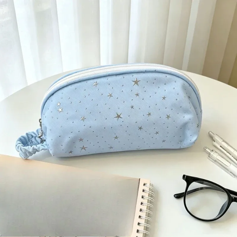 trousse de maquillage coréenne pour fille, motif étoile à pois, mignonne, grande capacité, pochette cosmétique, trousse à crayons pour étudiant, sac de rangement portable pour papeterie