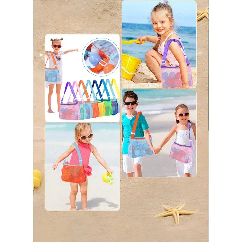 sac de rangement en filet à cordon pour enfants, sac de plage portable en filet, sac organisateur de plage à bandoulière en maille pour enfants