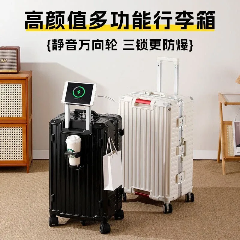 valise de voyage grande taille avec cadre en aluminium, bagage à roulettes avec porte-gobelet et serrure à combinaison