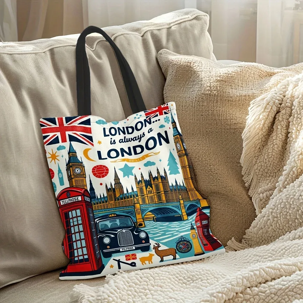 sac fourre-tout réutilisable pour courses, pour femmes, design sur le thème de londres, big ben, cabines téléphoniques rouges, union jack, sac de courses en toile de grande capacité
