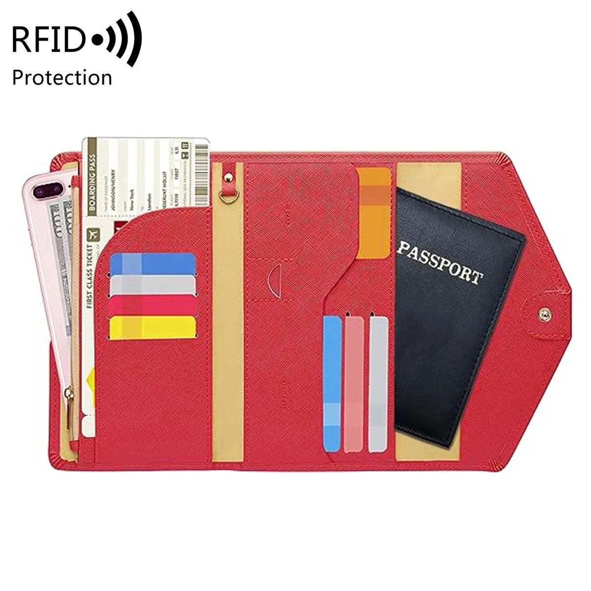 sac de passeport à brosse antivol rfid, portefeuille de voyage multifonctionnel, porte-cartes multi-porte-passeport monochrome