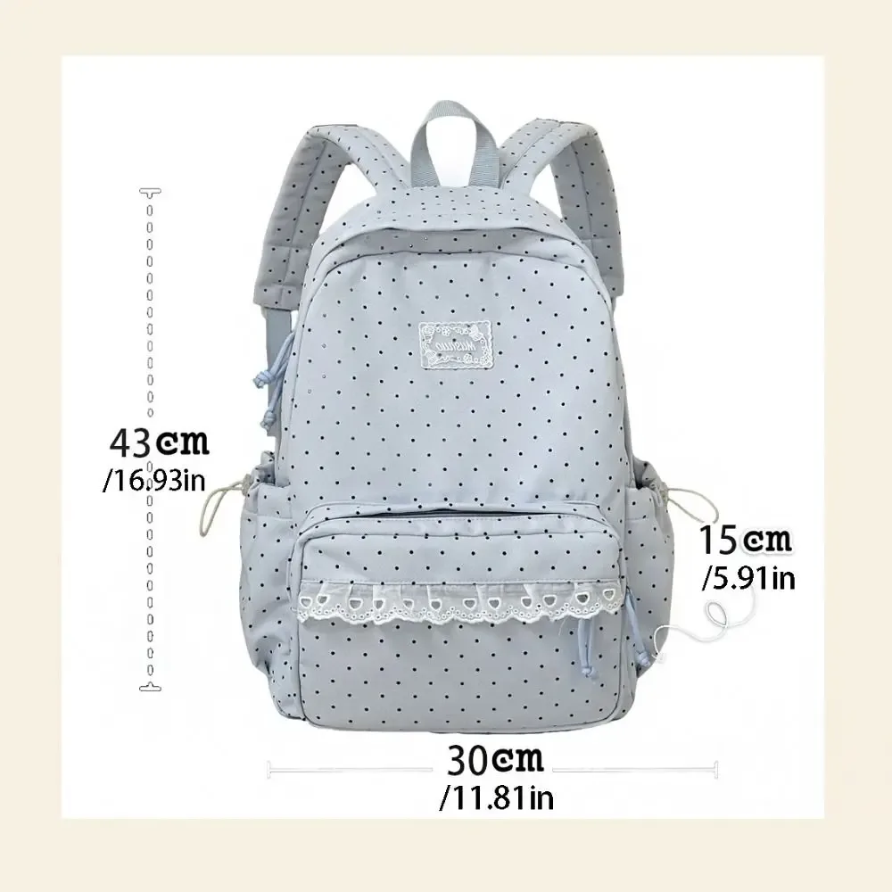 sac à dos tendance à pois, grande capacité, design avec nœud, bordure en dentelle, sac à dos minimaliste et durable pour étudiants, cadeau idéal.